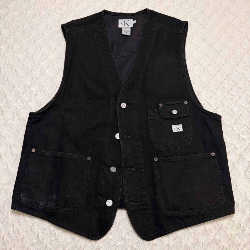 Vintage Calvin Klein Jeans Vest Mens XL Black Denim Utility Workwear 90s